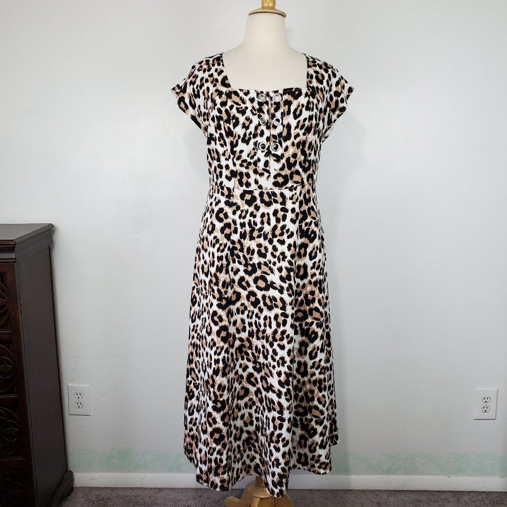 Ashley Stewart Linen Blend Animal Print Square Neck Dress With Pockets Size 14